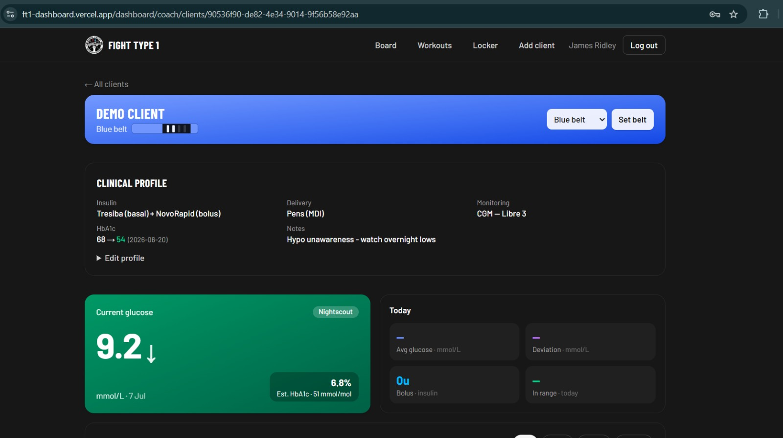 Fight Type 1 coach dashboard displaying a demo client's workouts and diabetes-related information